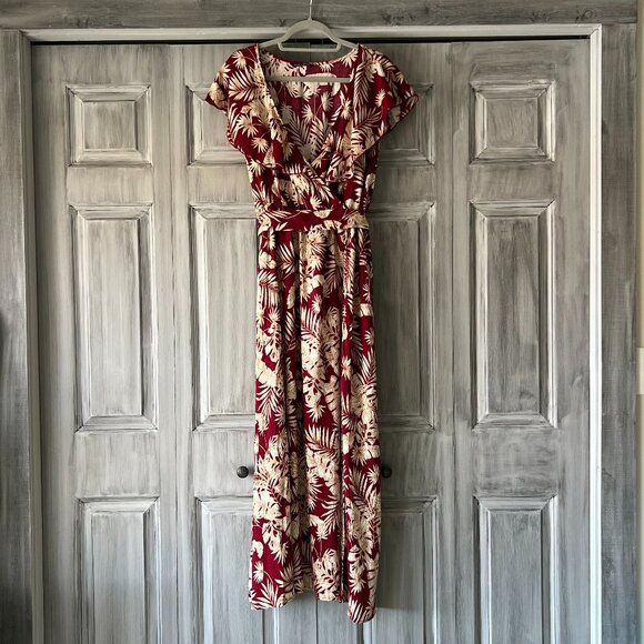 BLOOMCHIC Red and Cream Tropical Print Wrap V-Neck Split Hem Dress Size 20 - Picture 2 of 12